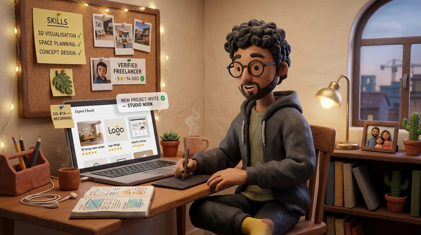 Freelance designer following the create-profile to recurring-gigs workflow